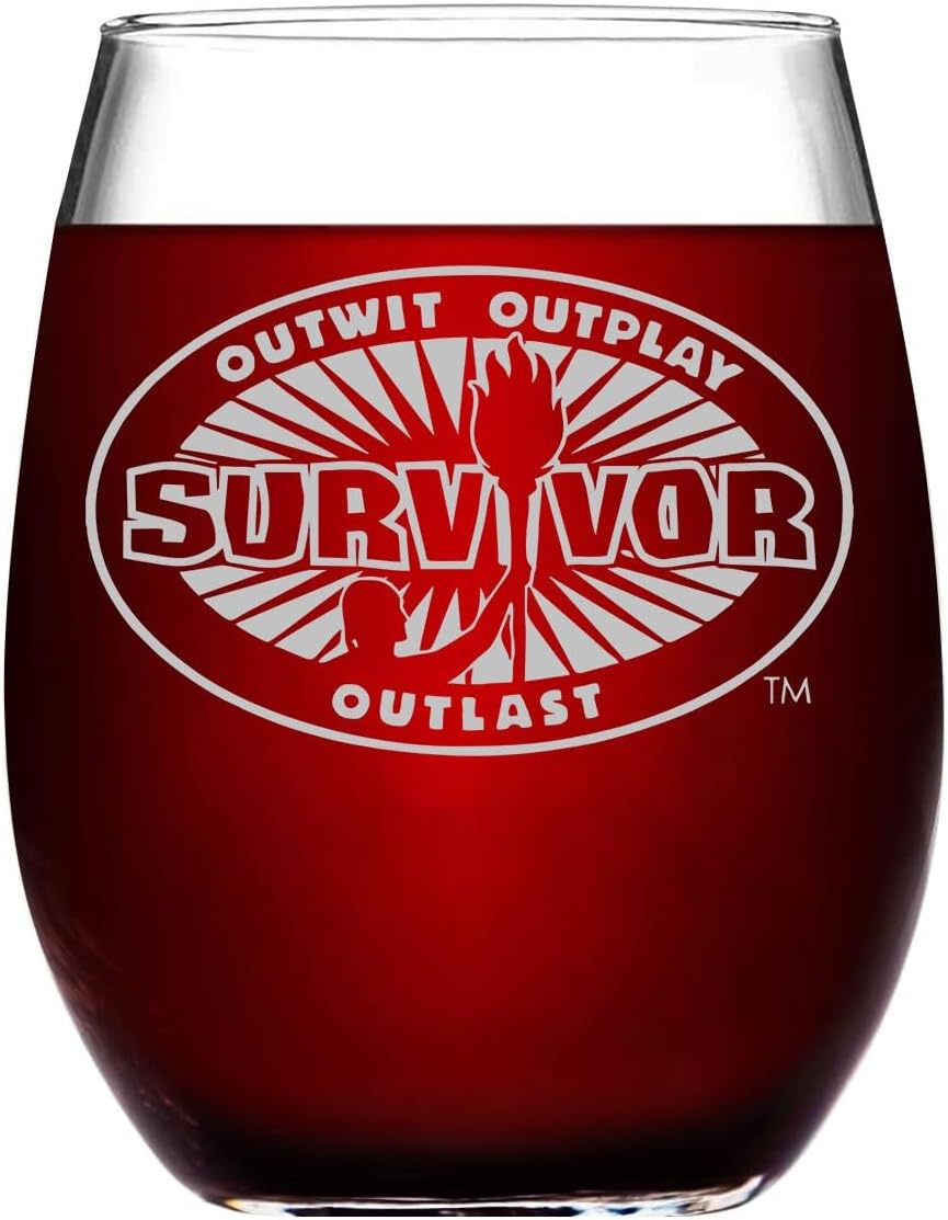 SURVIVOR Etched Stemless Wine Glass 15 oz | Officially Licensed, Premium Quality, Handcrafted Glassware,