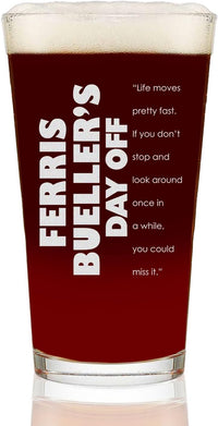 Load image into Gallery viewer, Ferris Bueller&#39;s Day Off Etched Pint Beer Glass 16oz - w/Quote &quot;Life moves pretty fast&quot; - Officially Licensed, Premium Quality, Handcrafted Glassware
