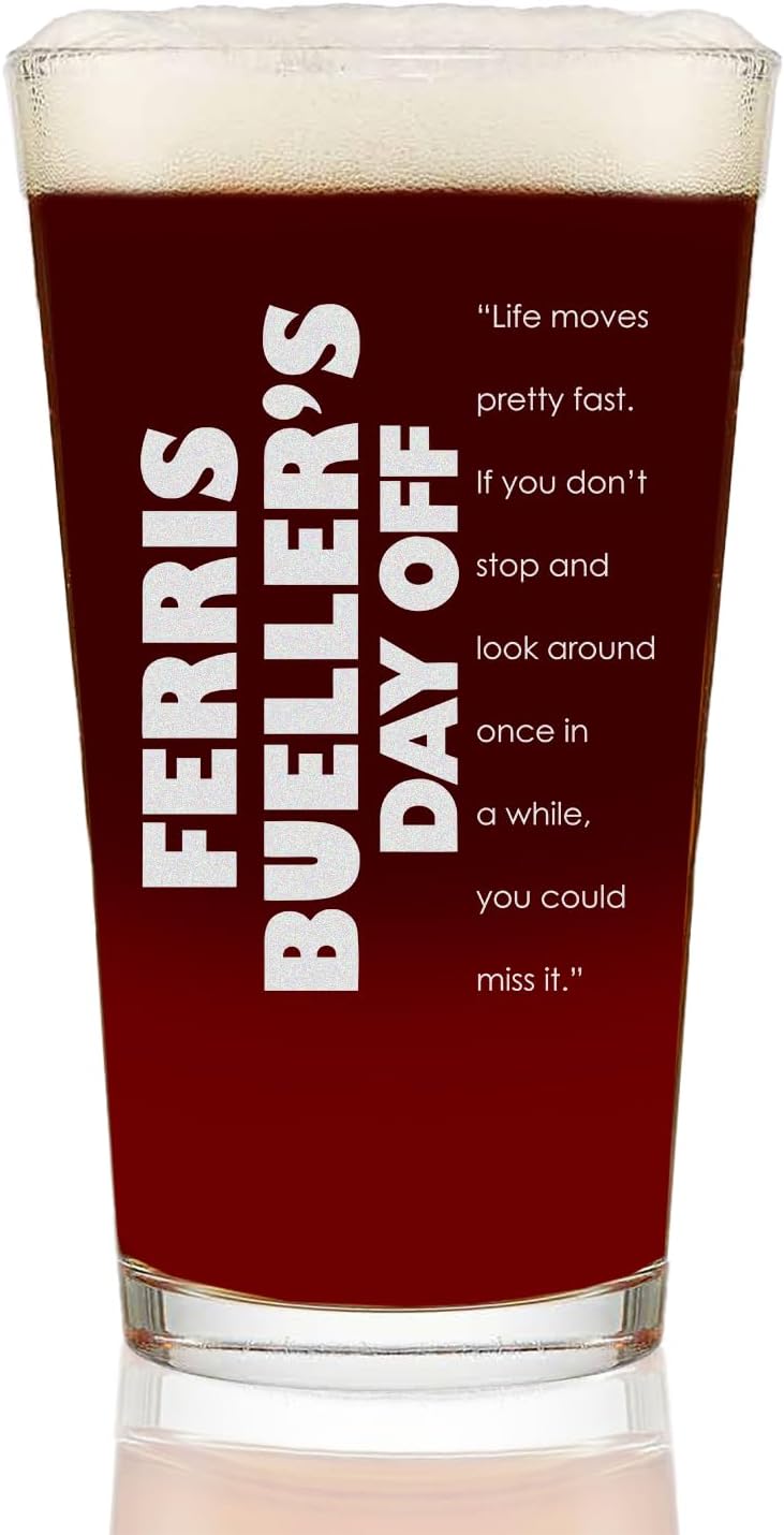 Ferris Bueller's Day Off Etched Pint Beer Glass 16oz - w/Quote "Life moves pretty fast" - Officially Licensed, Premium Quality, Handcrafted Glassware