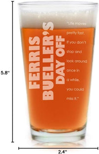 Load image into Gallery viewer, Ferris Bueller&#39;s Day Off Etched Pint Beer Glass 16oz - w/Quote &quot;Life moves pretty fast&quot; - Officially Licensed, Premium Quality, Handcrafted Glassware
