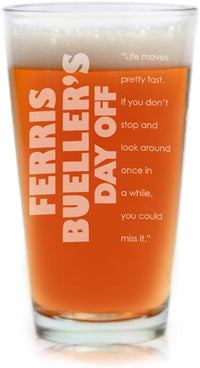 Load image into Gallery viewer, Ferris Bueller&#39;s Day Off Etched Pint Beer Glass 16oz - w/Quote &quot;Life moves pretty fast&quot; - Officially Licensed, Premium Quality, Handcrafted Glassware
