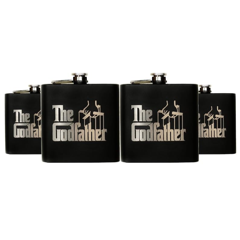 The Godfather Etched Stainless Steel Flask - Officially Licensed, Premium Quality, Handcrafted Pocket Bottle, 6oz. Set of 4 - Perfect Collectible Gift for Movie Enthusiasts, Birthday, & Special Events