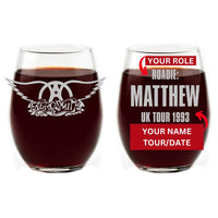 Load image into Gallery viewer, AEROSMITH Etched Stemless Wine Glass with Your Personalized Name, Role, Tour Date &amp; Location - Premium Quality Licensed, Handcrafted Glassware, 15oz - Collectible Gift for Fans
