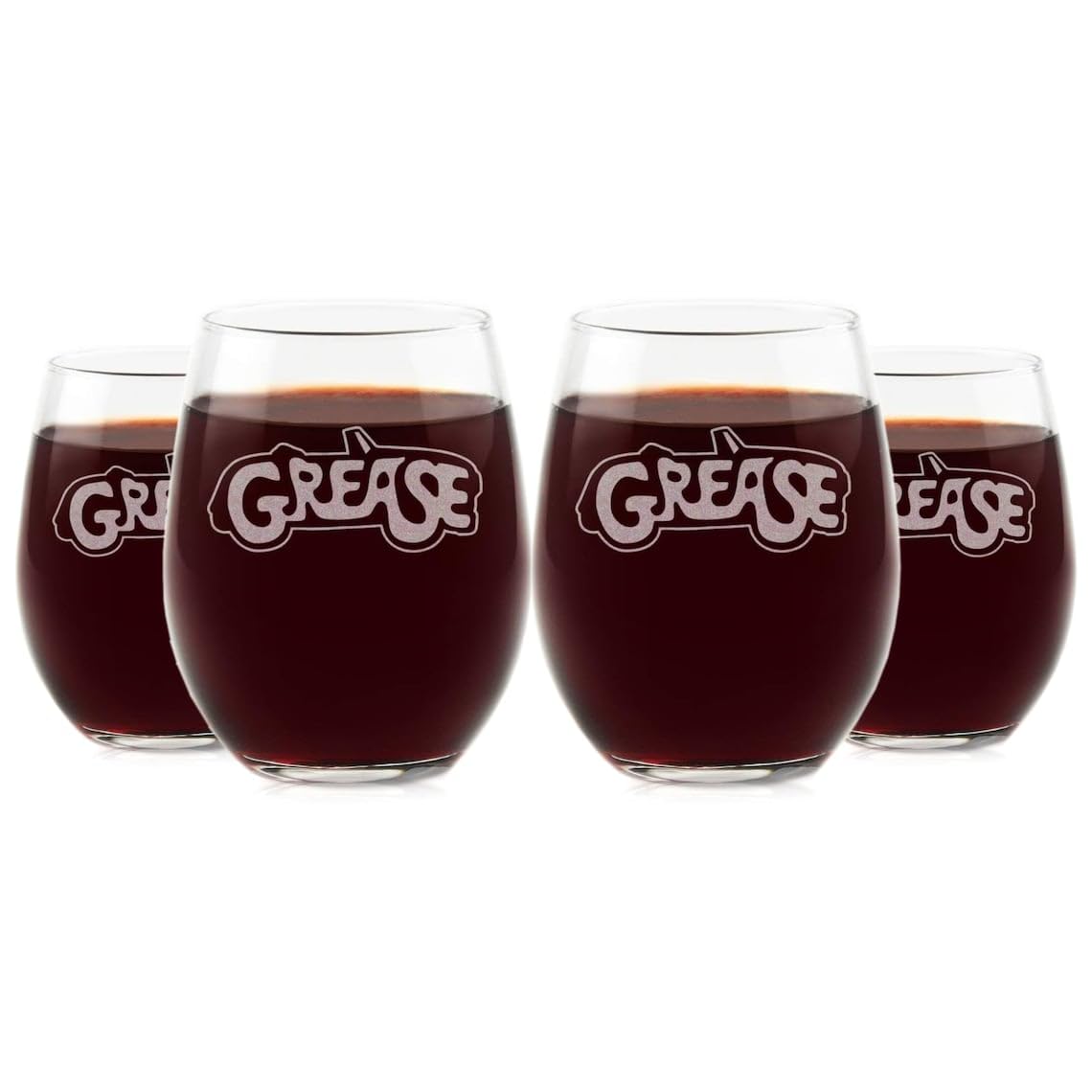 Grease Etched Stemless Wine Glass - Officially Licensed, Premium Quality, Handcrafted Glassware, 15 oz. Set of 4 - Perfect Collectible Gift for Movie Enthusiasts, Birthdays & Special Occasions