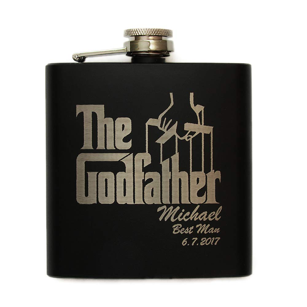 The Godfather Etched Stainless Steel Flask - w/Your Personalized Text - Officially Licensed, Premium Quality, Handcrafted Pocket Bottle, 6 oz. - A Perfect Collectible Gift for Wedding Occasions