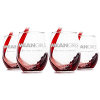 Load image into Gallery viewer, Mean Girls Etched Stemless Wine Glass  15 oz. Set of 4 - w/Quote &quot;You can&#39;t sit with us&quot; - Officially Licensed, Premium Quality, Handcrafted Glassware, Collectible Gift for Mom &amp; Movie Lovers
