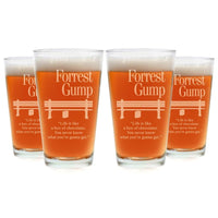 Load image into Gallery viewer, Forrest Gump Etched Pint Glass 16oz set of 4 | w/Logo &amp; Quote &quot;Life is like a box of chocolates.....&quot;, Handcrafted Glassware
