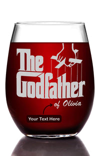 Load image into Gallery viewer, The Godfather Etched Stemless Wine Glass w/Your Personalized Text 15oz.

