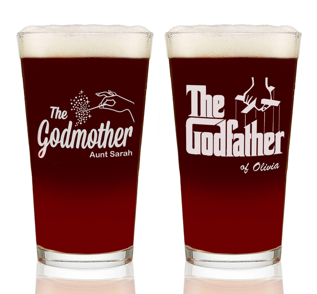 The Godfather & Godmother Etched Pint Glass Set w/Your Personalized Text - Premium Quality Licensed, Handcrafted Glassware 16oz Beer Glass Perfect Collectible Gift for GodParents