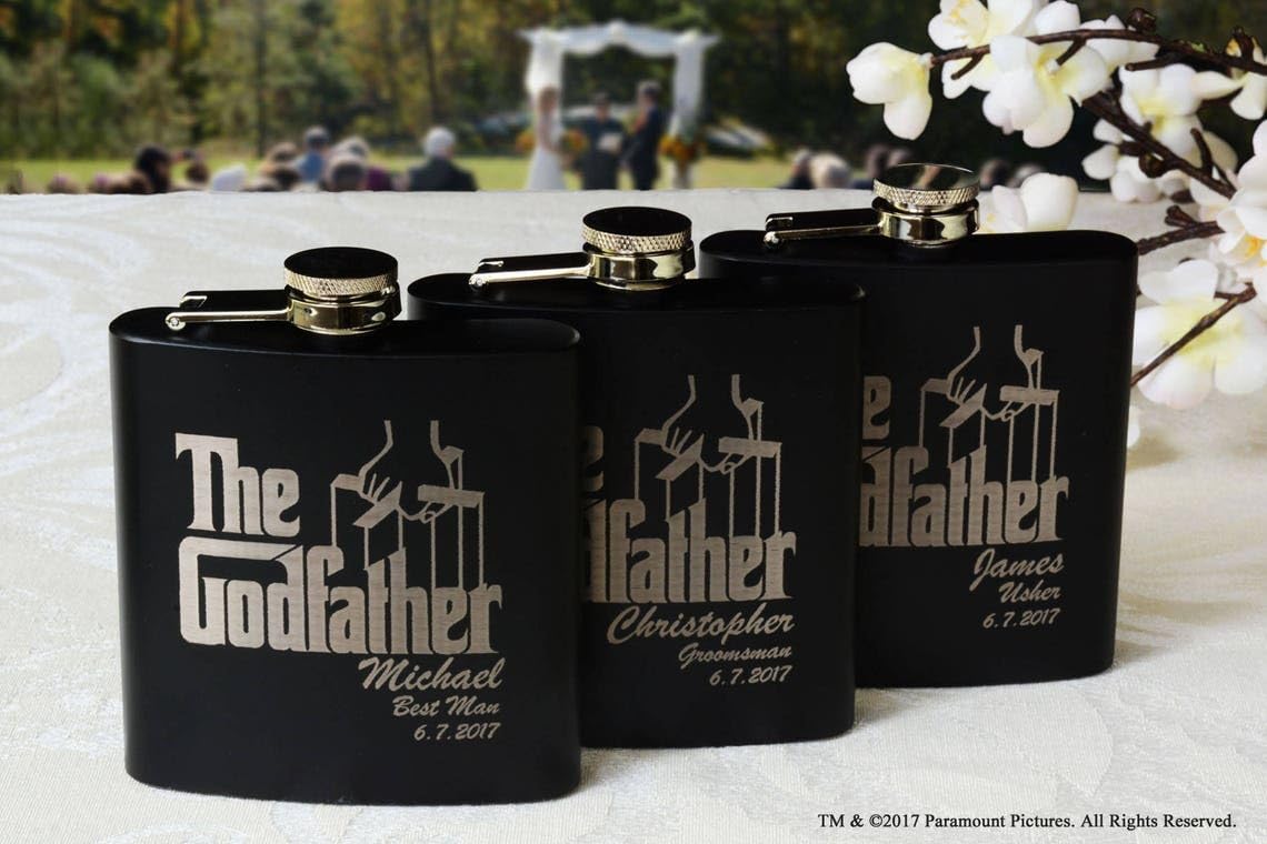 The Godfather Personalized Etched Stainless Steel Flask - Officially Licensed, Premium Quality, Handcrafted Bottle, 6 oz. Set of 3 - Perfect Collectible Gift for Movie Enthusiasts, Weddings & Events