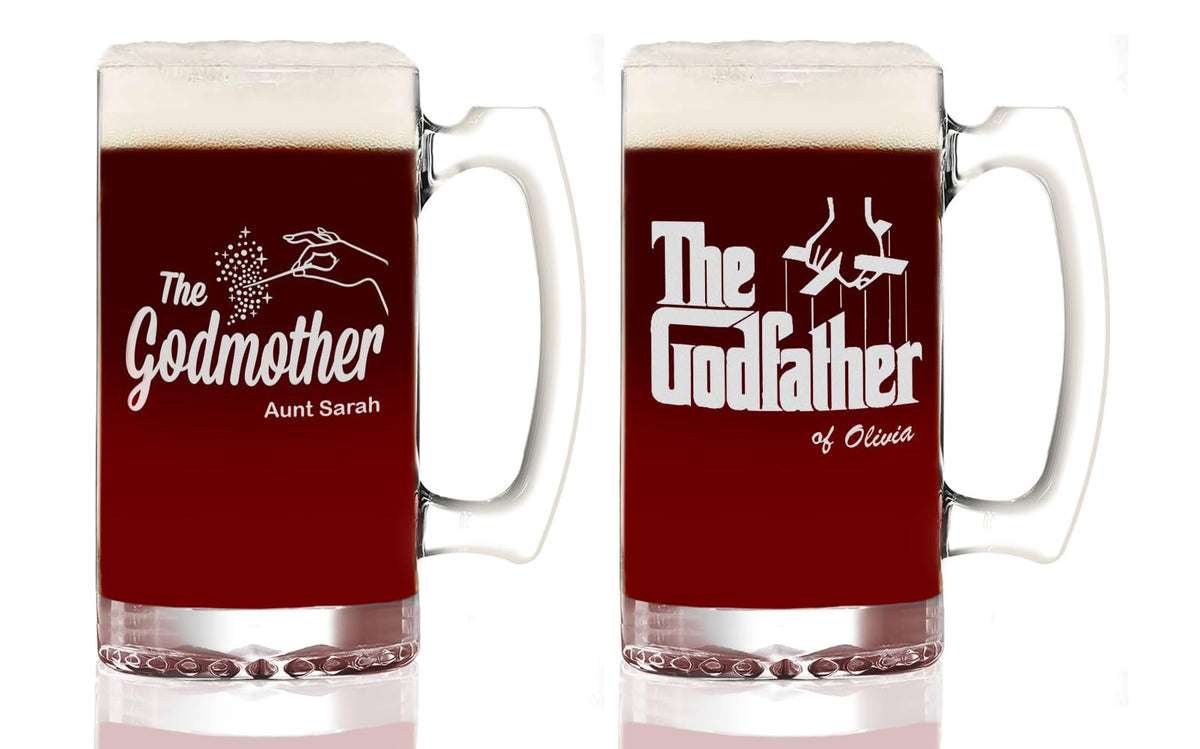 Movies On Glass The Godfather & Godmother Etched Beer Mug Set with Your Personalized Text - Premium Quality Licensed, Handcrafted Glassware 25oz. Stein - A Perfect Collectible Gift for GodParents