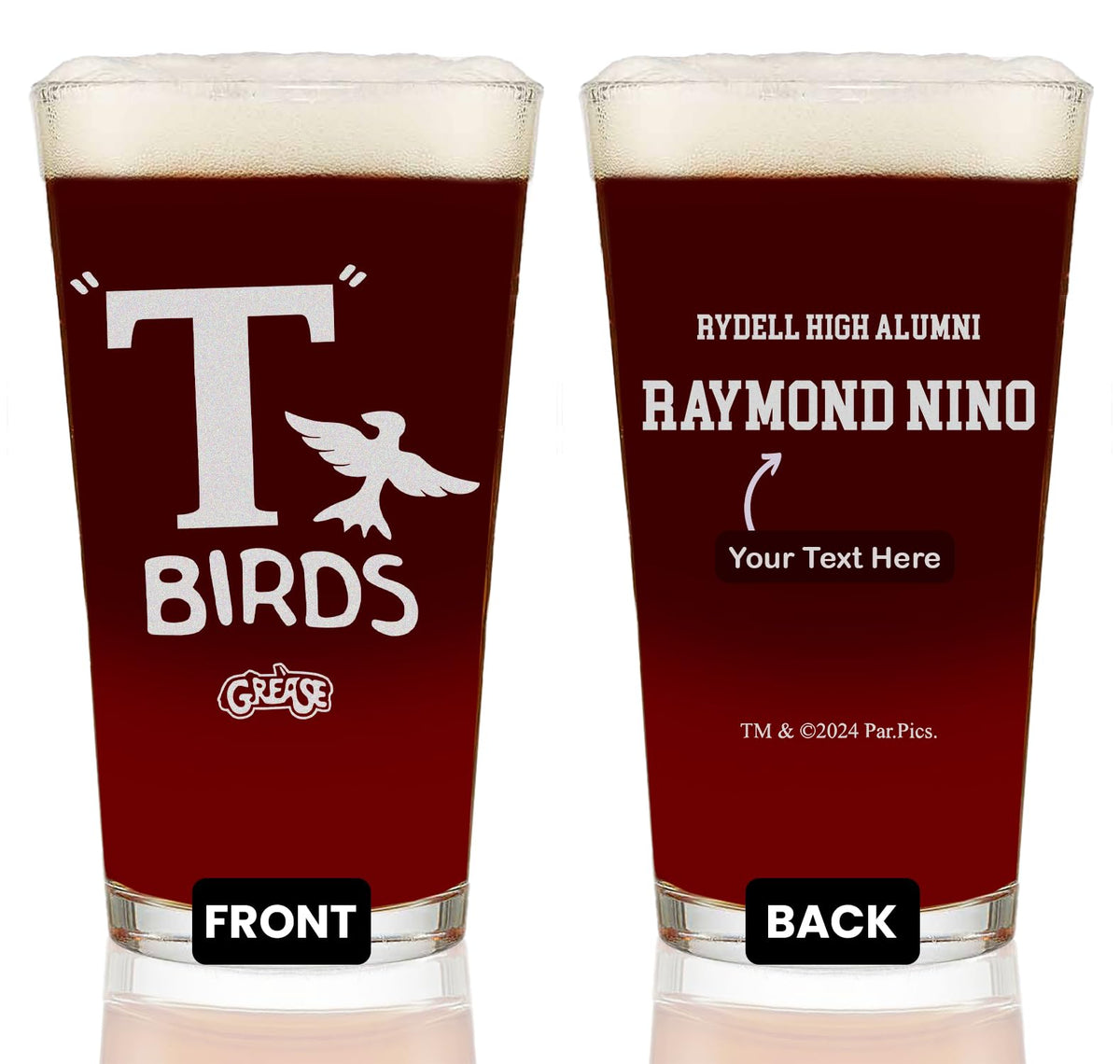 GREASE T-Birds "Rydell High Alumni" Etched Pint Glass - w/Your Personalized Text - Officially Licensed, Premium Quality, Handcrafted Glassware, 16oz. - A Perfect Collectible Gift for Special Occasions