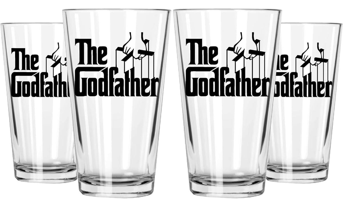 The Godfather Printed Pint Beer Glass - Officially Licensed, Premium Quality, Handcrafted Glassware, 16oz. Set of 4 - Perfect Collectible Gift for Movie Enthusiasts & Special Occasions