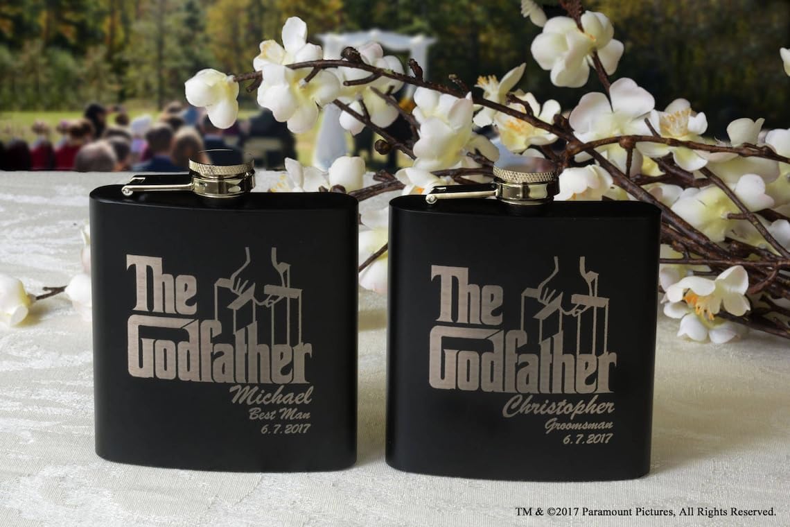 The Godfather Personalized Etched Stainless Steel Flask - Officially Licensed, Premium Quality, Handcrafted Bottle, 6 oz. Set of 2 - Perfect Collectible Gift for Movie Enthusiasts, Weddings & Events