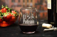 Load image into Gallery viewer, El Padrino Etched Stemless Wine Glass w/Your Personalized Text 15oz.

