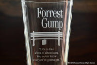 Load image into Gallery viewer, Forrest Gump Etched Pint Glass 16oz set of 4 | w/Logo &amp; Quote &quot;Life is like a box of chocolates.....&quot;, Handcrafted Glassware
