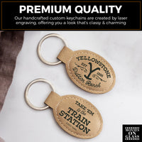 Load image into Gallery viewer, Movies On Glass YELLOWSTONE TRAIN STATION Leatherette Keychain
