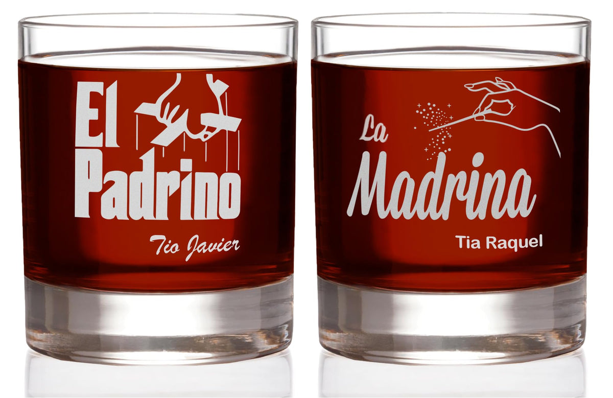 El Padrino & La Madrina Etched Rocks Glass Set with Your Personalized Text - Officially Licensed, Premium Quality, Handcrafted Glassware 11 oz Whiskey Glass - Collectible Gift for GodParents