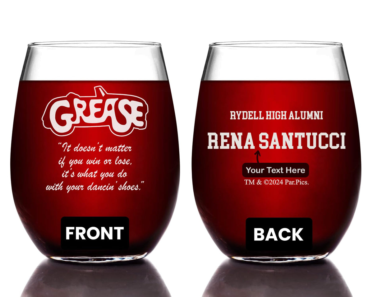 GREASE "Dancin' Shoes" Etched Stemless Wine Glass - w/Your Personalized Text - Officially Licensed, Premium Quality, Handcrafted Glassware, 15oz. - A Perfect Collectible Gift for Movie Enthusiasts