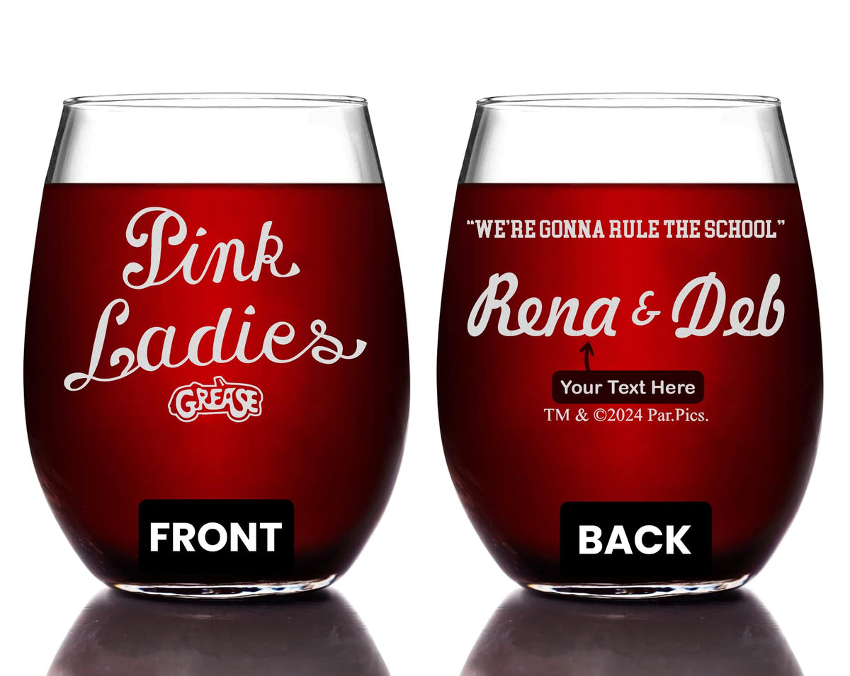 GREASE Pink Ladies "Rule the School" Etched Stemless Wine Glass - w/Your Personalized Text