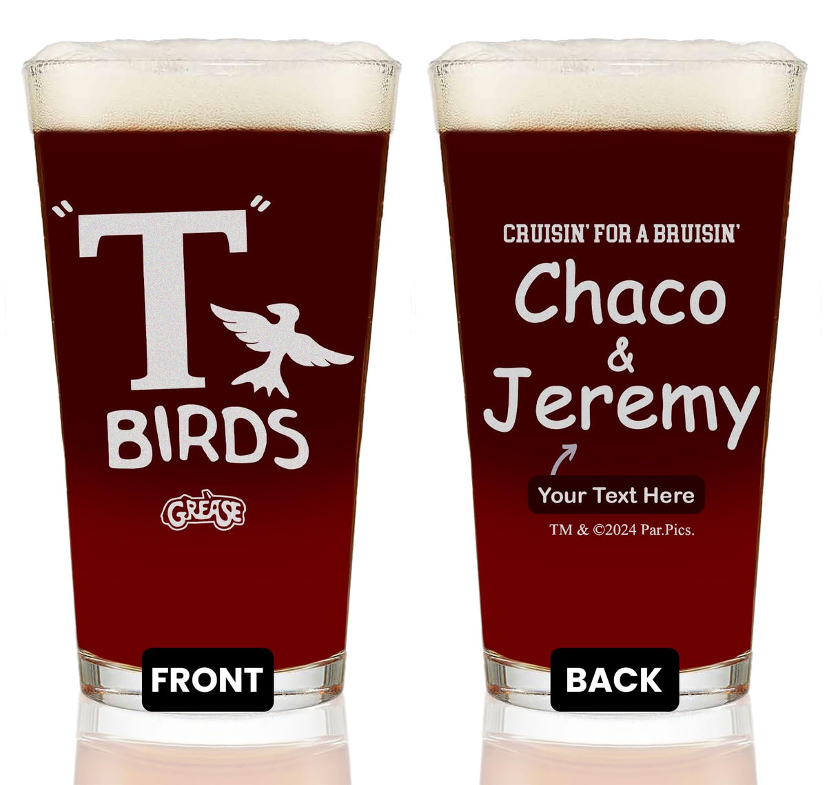 GREASE T-Birds "Cruisin? for a Bruisin?" Etched Pint Glass - w/Your Personalized Text