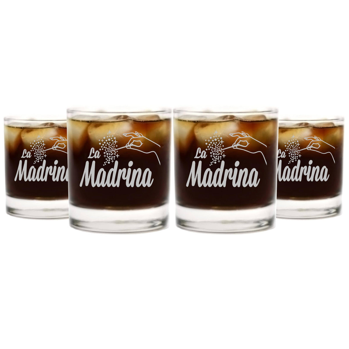 La Madrina Etched Whiskey Glass - Premium Quality, Handcrafted Glassware, 11 oz. Set of 4 Etched Rocks Glass - A Collectible Gift for Godparents, Birthdays, & Special Occasions