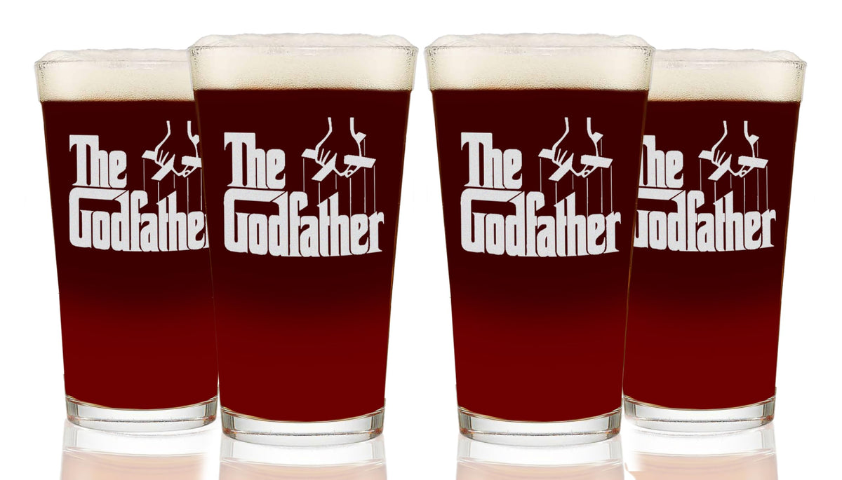 The Godfather Etched Pint Beer Glass - Officially Licensed, Premium Quality, Handcrafted Glassware, 16oz. Set of 4 - Perfect Collectible Gift for Movie Lovers, Birthdays & Special Occasions