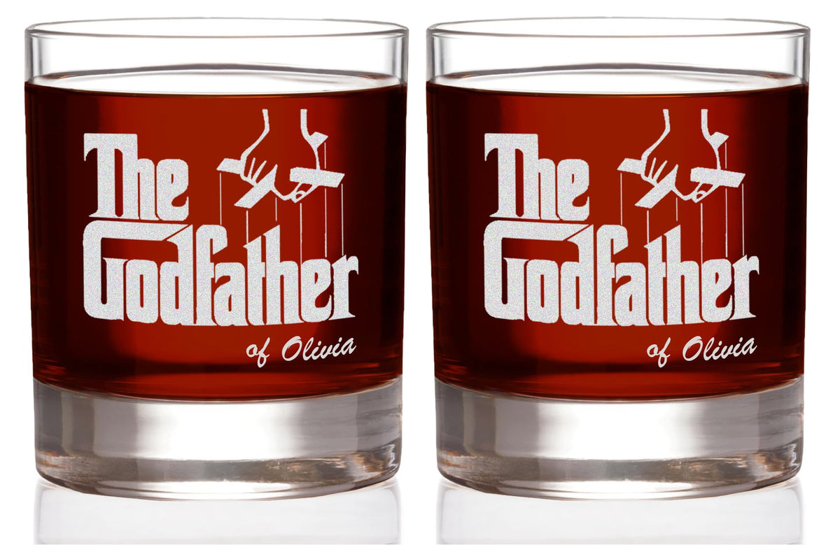 The Godfather Etched Whiskey Glass - w/Your Personalized Text - Premium Quality Licensed, Handcrafted Glassware, 11oz Set of 2 Rocks Glass Perfect Collectible Gift for Godparents