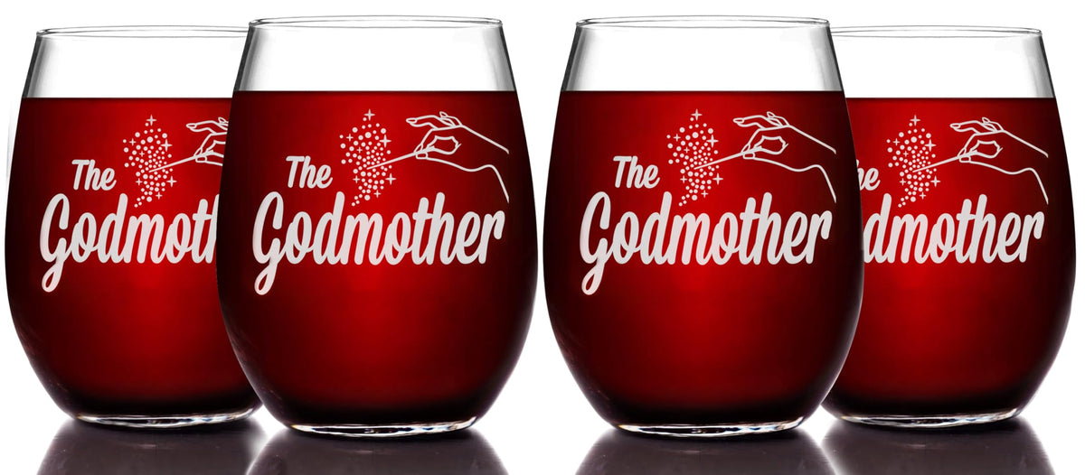 The Godmother Etched Stemless Wine Glass - Premium Quality, Handcrafted Glassware, 15 oz. Set of 4, Collectible Gift Item for Godparents, Birthdays, & Special Occasions