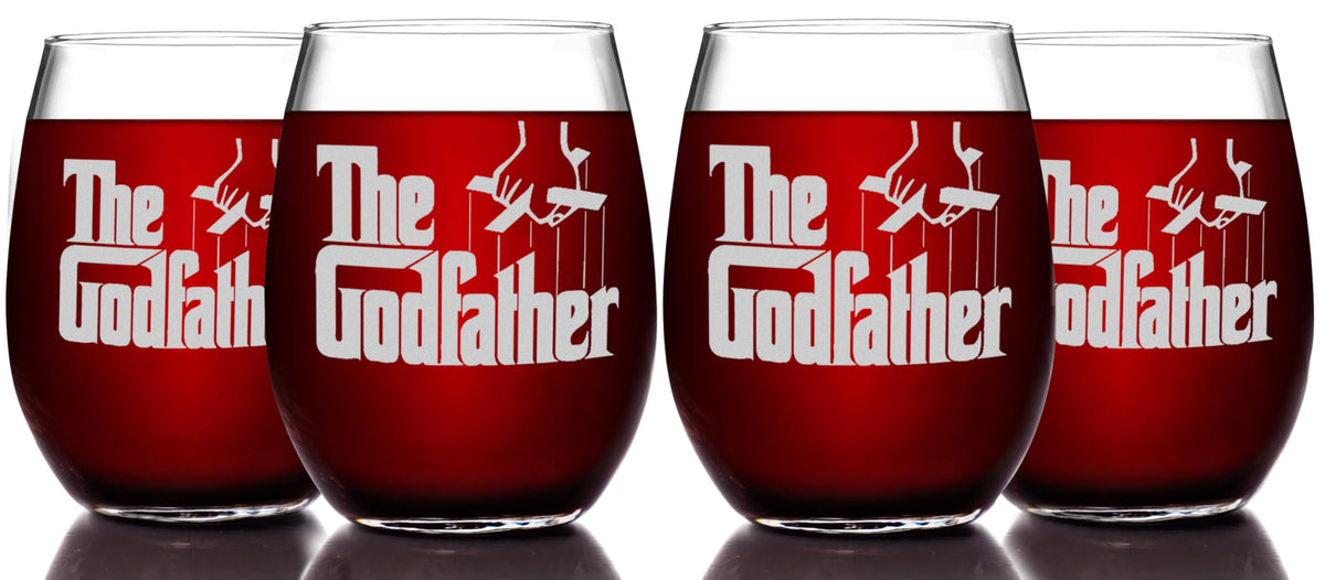 The Godfather Etched Stemless Wine Glass - Officially Licensed, Premium Quality, Handcrafted Glassware, 15oz. Set of 4 - Perfect Collectible Gift for Movie Enthusiasts, Birthdays & Special Occasions