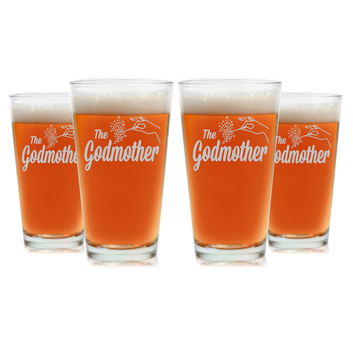 The Godmother Etched Pint Glass - Premium Quality, Handcrafted Glassware, 16 oz. Set of 4 Etched Beer Glass - Collectible Gift Item for Godparents, Birthdays, & Special Occasions