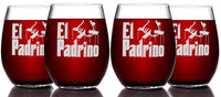 Load image into Gallery viewer, El Padrino Etched Stemless Wine Glass - Premium Quality, Handcrafted Glassware, 15oz. Set of 4 - Perfect Collectible Gift for The Godfather Movie Enthusiasts
