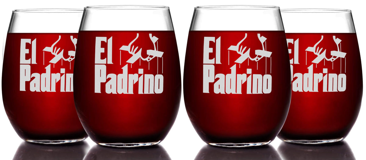 El Padrino Etched Stemless Wine Glass - Premium Quality, Handcrafted Glassware, 15oz. Set of 4 - Perfect Collectible Gift for The Godfather Movie Enthusiasts