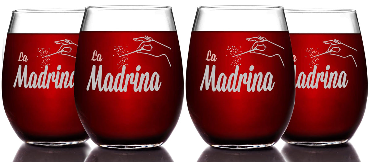 La Madrina Etched Stemless Wine Glass - Premium Quality, Handcrafted Glassware, 15 oz. Set of 4 - A Collectible Gift for Godparents, Birthdays, & Special Occasions