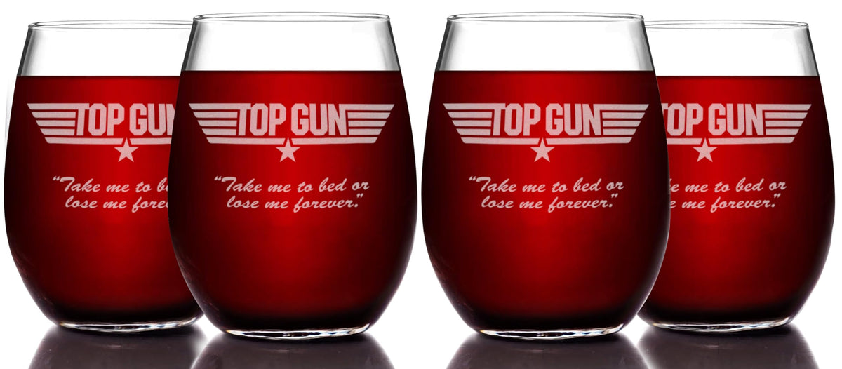 Top Gun Etched Stemless Wine Glass - with Logo & Quote "Take me to bed" - Officially Licensed, Premium Quality, Handcrafted Glassware, 15oz. Set of 4 - Perfect Collectible Gift for Movie Lovers