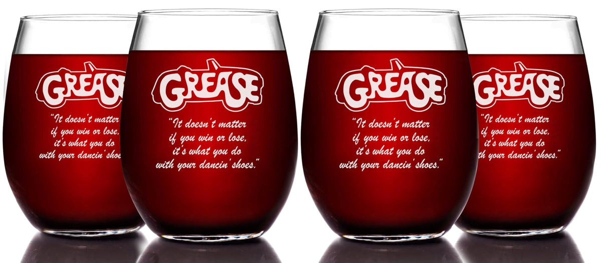 Grease Etched Stemless Wine Glass - w/Logo & Quote "It doesn't matter if you win or lose, it's what you do with your dancin' shoes" - Set of 4 Premium Quality Licensed 15oz