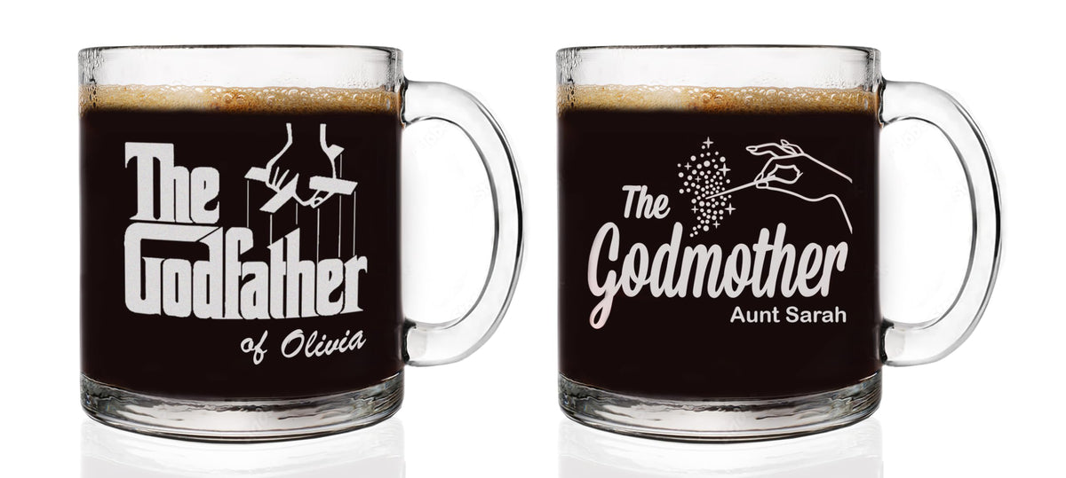 The Godfather & Godmother Etched Clear Coffee Mug Set with Your Personalized Text - Officially Licensed, Premium Quality, Handcrafted Glassware 13oz. - A Collectible Gift for GodParents