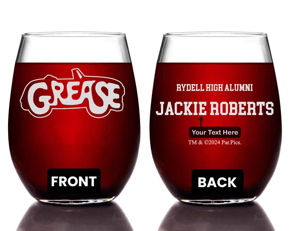 GREASE "Rydell High Alumni" Etched Stemless Wine Glass - w/Your Personalized Text - Officially Licensed, Premium Quality, Handcrafted Glassware, 15oz. - Perfect Collectible Gift for Movie Enthusiasts