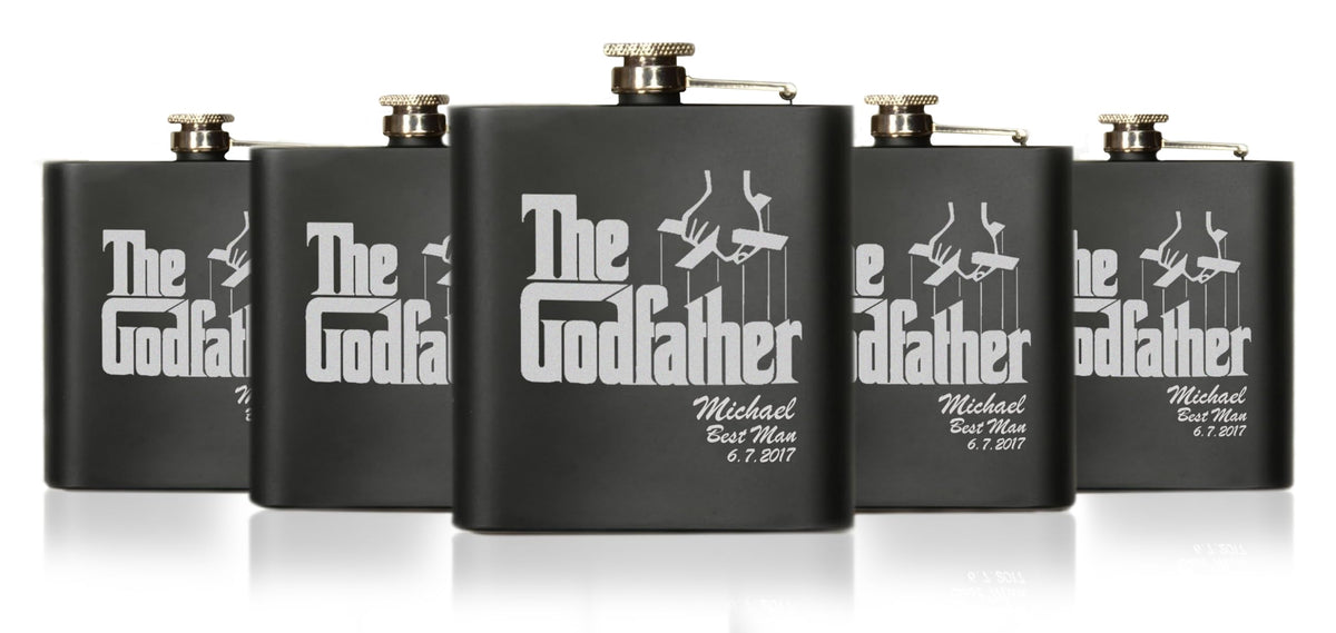 The Godfather Personalized Etched Stainless Steel Flask - Officially Licensed, Premium Quality, Handcrafted Bottle, 6 oz. Set of 5 - Perfect Collectible Gift for Movie Enthusiasts, Weddings & Events