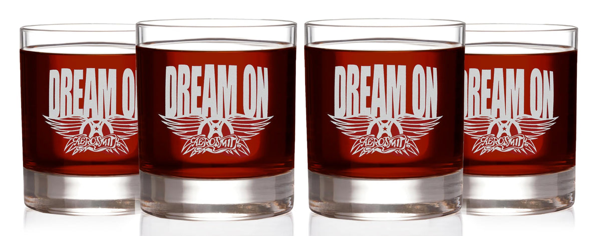 AEROSMITH Dream On Etched Rocks Whiskey Glass - Officially Licensed, Premium Quality, Handcrafted Glassware, 11oz. Set of 4 - Perfect Collectible Gift for Rock Music Fans & Band Lovers