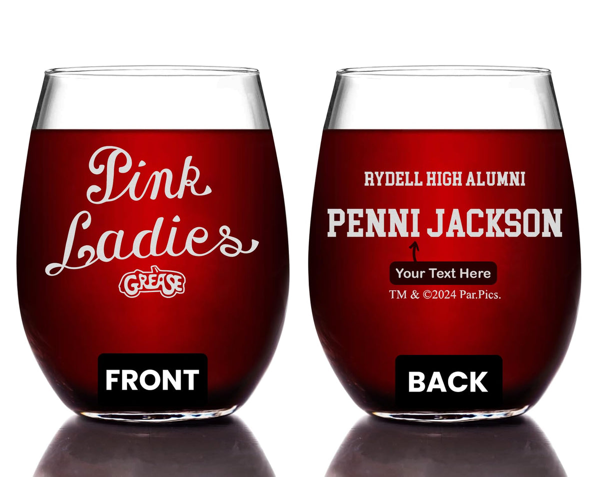 GREASE Pink Ladies "Rydell High Alumni" Etched Stemless Wine Glass - w/Your Personalized Text - Officially Licensed, Premium Quality, Handcrafted Glassware, 15 oz. - Collectible Gift for Movie Fans