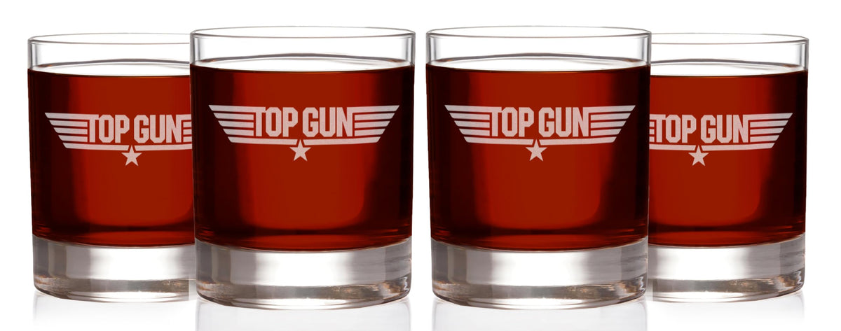 Top Gun Etched Rocks Whiskey Glass - Officially Licensed, Premium Quality, Handcrafted Glassware, 11oz. Set of 4 - Perfect Collectible Gift for Movie Enthusiasts, Birthdays & Special Occasions