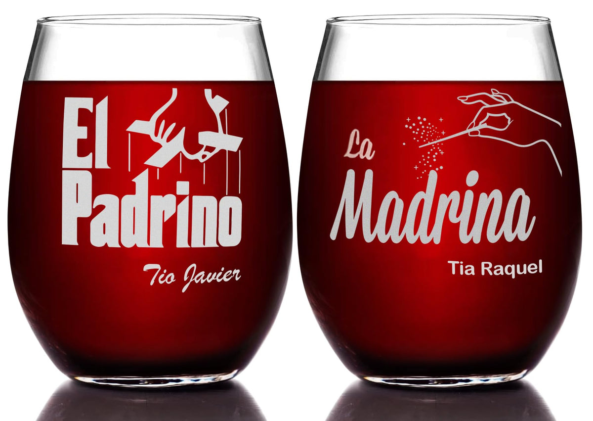 El Padrino & La Madrina Etched Stemless Wine Glass Set with Your Personalized Text - Officially Licensed, Premium Quality, Handcrafted Glassware 15 oz - Perfect Collectible Gift for GodParents