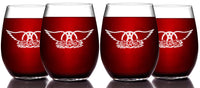 Load image into Gallery viewer, AEROSMITH Etched Stemless Wine Glass - Officially Licensed, Premium Quality, Handcrafted Glassware, 15oz. Set of 4 - Perfect Collectible Gift for Rock Music Fans &amp; Band Lovers
