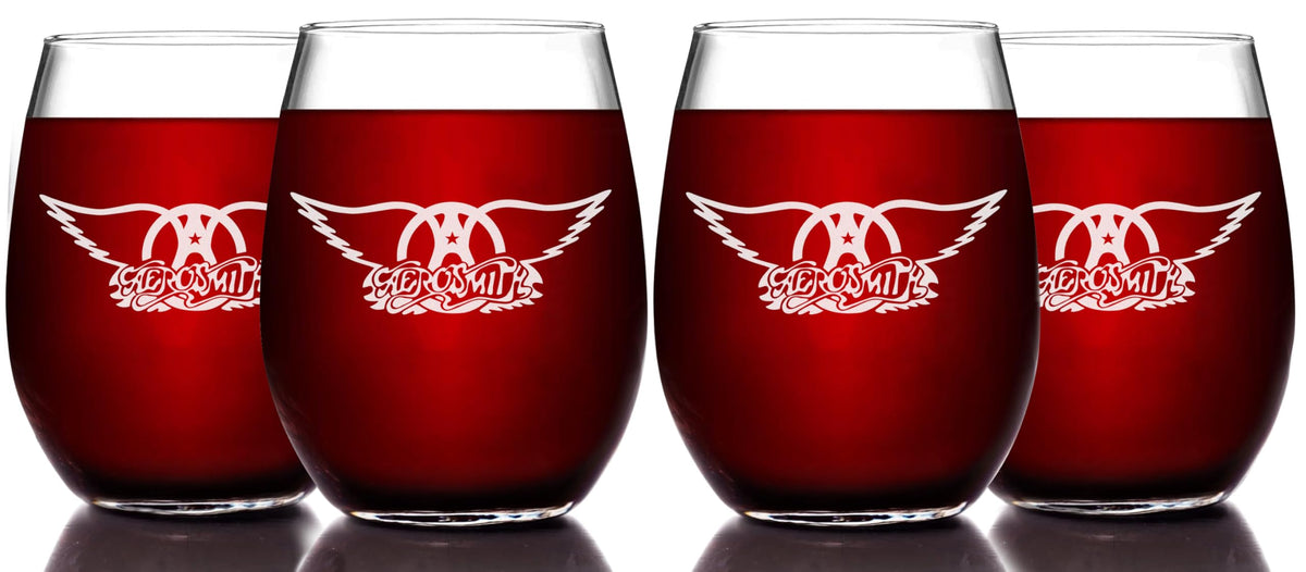 AEROSMITH Etched Stemless Wine Glass - Officially Licensed, Premium Quality, Handcrafted Glassware, 15oz. Set of 4 - Perfect Collectible Gift for Rock Music Fans & Band Lovers