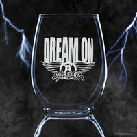 Load image into Gallery viewer, AEROSMITH Dream On Etched Stemless Wine Glass - Officially Licensed, Premium Quality, Handcrafted Glassware, 15oz. - Perfect Collectible Gift for Rock Music Fans &amp; Band Enthusiasts
