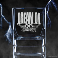 Load image into Gallery viewer, AEROSMITH Dream On Etched Rocks Whiskey Glass - Officially Licensed, Premium Quality, Handcrafted Glassware, 11oz. - Perfect Collectible Gift for Rock Music Fans &amp; Band Lovers
