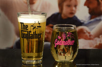 Load image into Gallery viewer, The Godfather Pint Glass and Godmother Stemless Wine Glass Set
