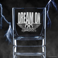 Load image into Gallery viewer, AEROSMITH Dream On Etched Rocks Whiskey Glass - Officially Licensed, Premium Quality, Handcrafted Glassware, 11oz. Set of 4 - Perfect Collectible Gift for Rock Music Fans &amp; Band Lovers
