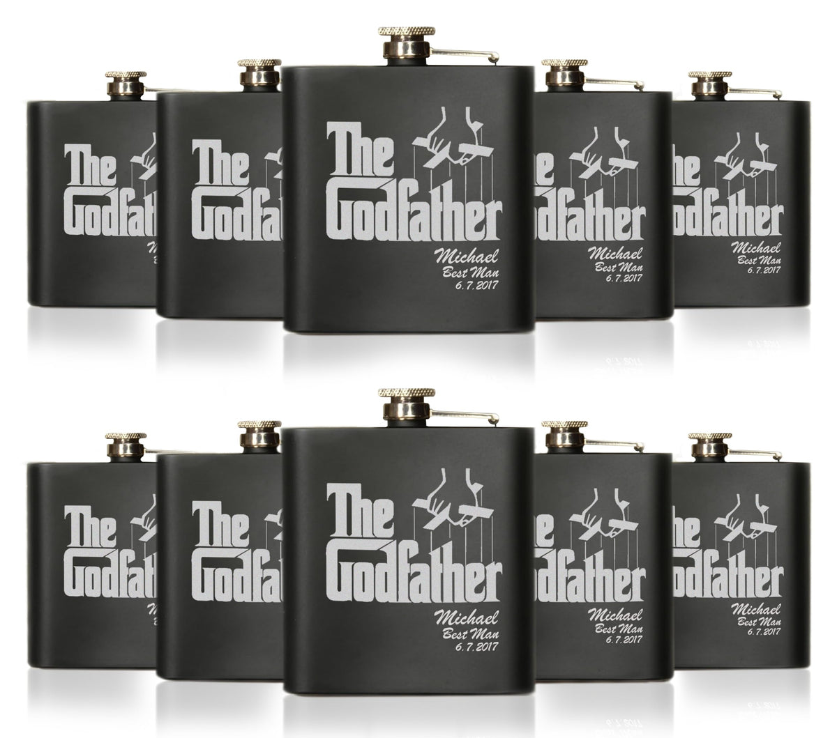 The Godfather Personalized Etched Stainless Steel Flask - Officially Licensed, Premium Quality, Handcrafted Bottle, 6 oz. Set of 10 - Perfect Collectible Gift for Movie Enthusiasts, Weddings & Events